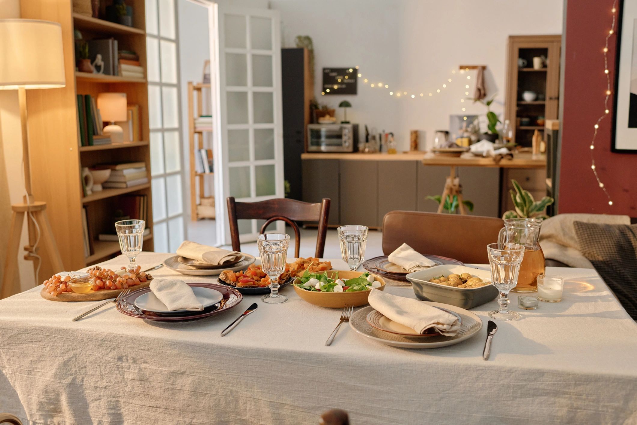 Shared table set with homemade food